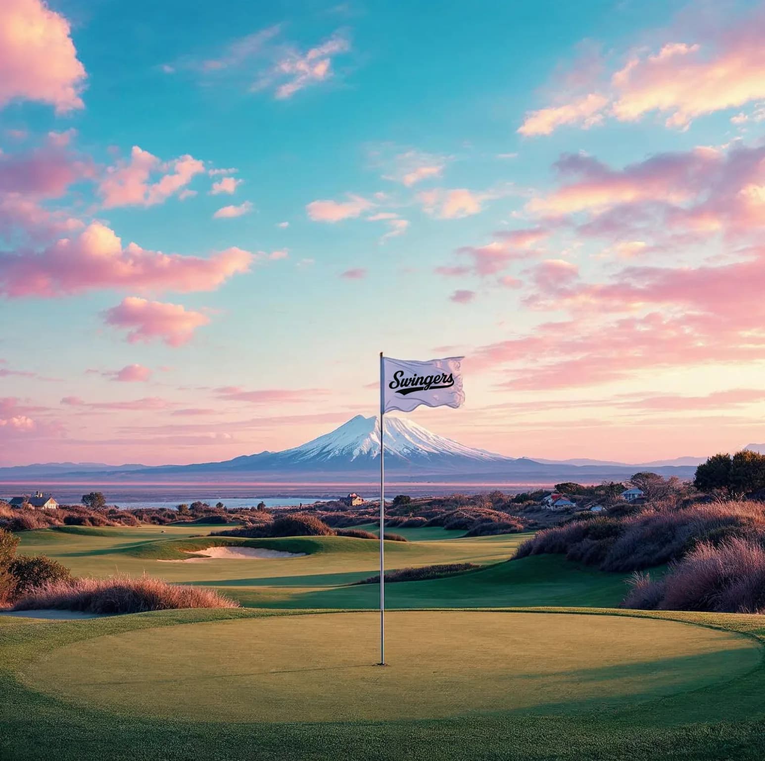 Golf course fairway at dusk